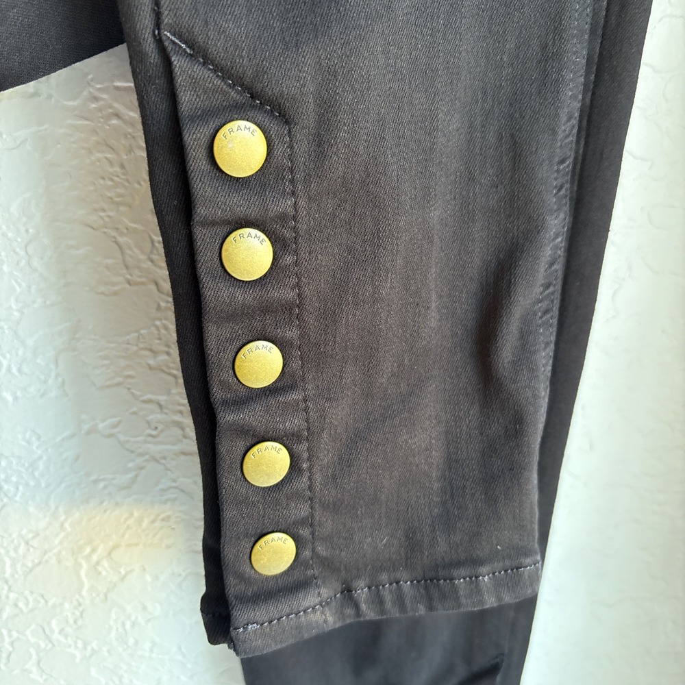 FRAME Le High Skinny Women 27 Pants Jeans Black Gold Button Ankle Stretch - Picture 6 of 14